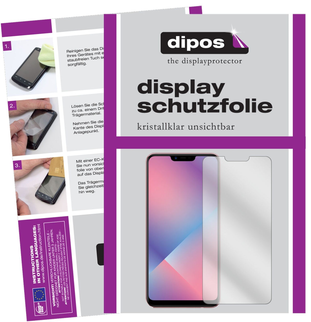 OppoA5 mit aufgebrachter dipos Displayschutzfolie, glasklare Darstellung ohne Einschränkungen