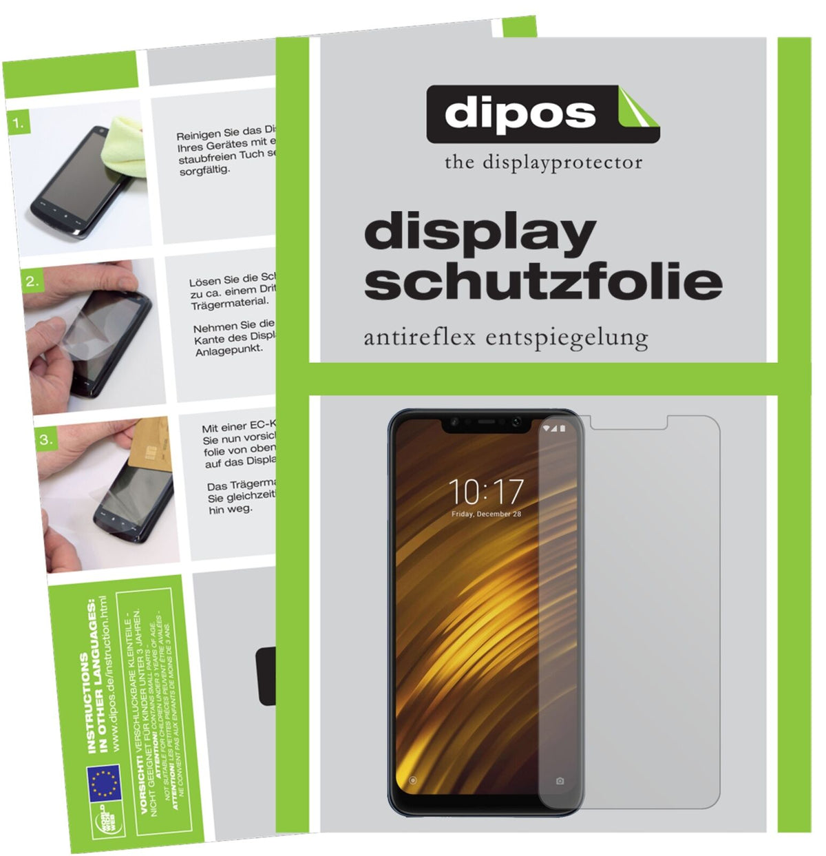 XiaomiPocophone F1 mit aufgebrachter dipos Displayschutzfolie, die lästige Fingerabdrücke minimiert