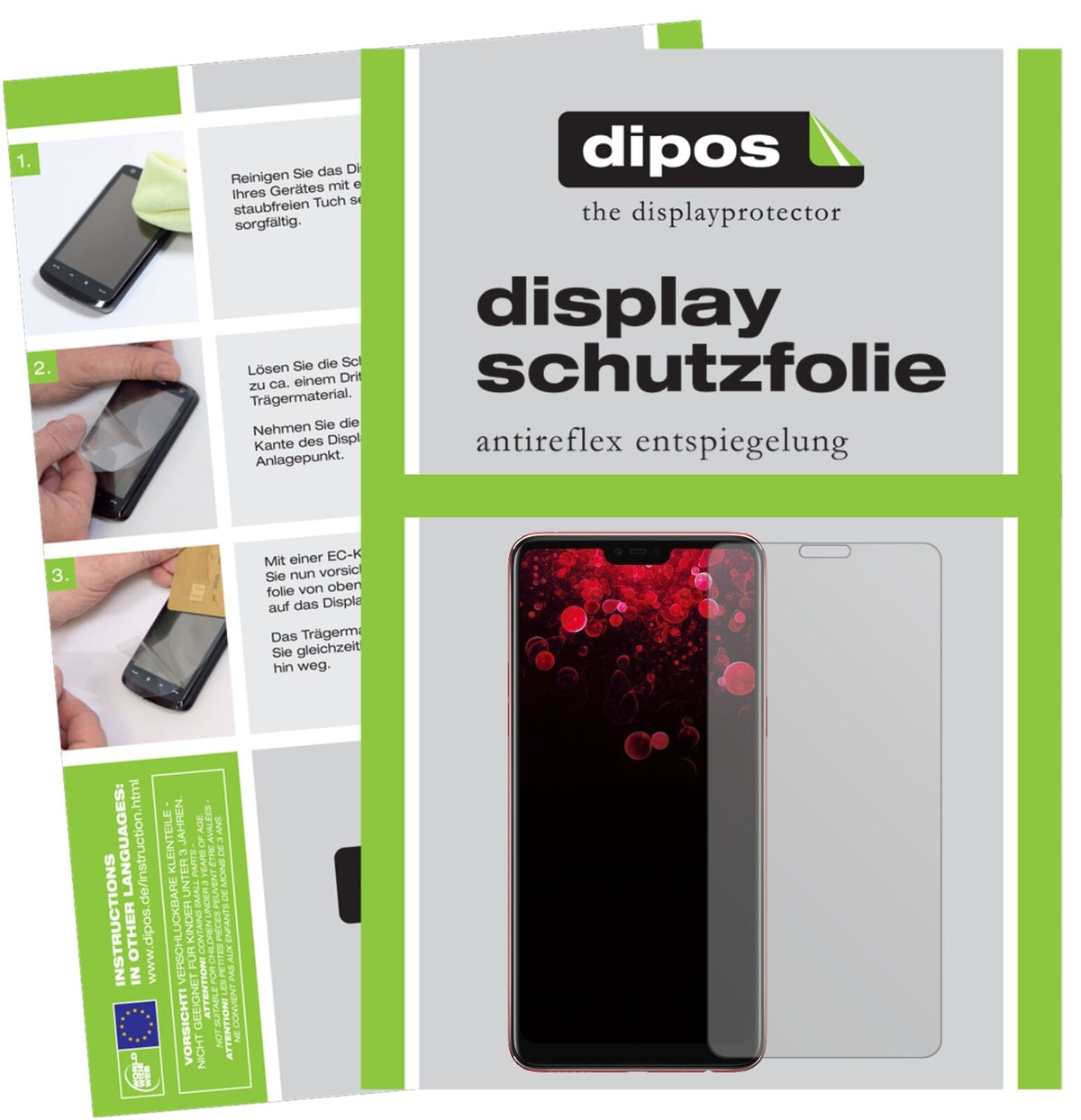 OppoF7 YOUTH mit aufgebrachter dipos Displayschutzfolie, die lästige Fingerabdrücke minimiert