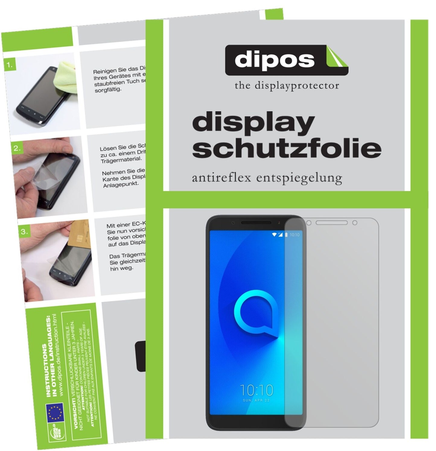Alcatel3 mit aufgebrachter dipos Displayschutzfolie, die lästige Fingerabdrücke minimiert