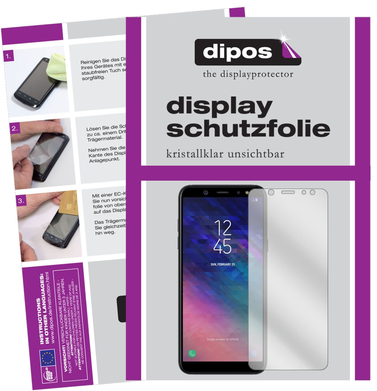 SamsungGalaxy A6 Plus (2018) mit aufgebrachter dipos Displayschutzfolie, glasklare Darstellung ohne Einschränkungen