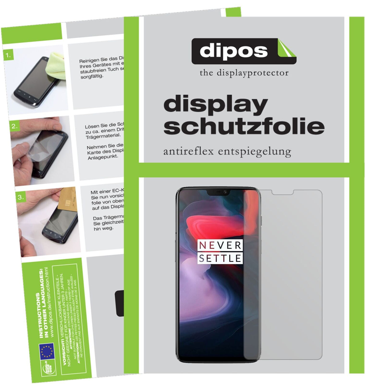 OnePlus6 mit aufgebrachter dipos Displayschutzfolie, die lästige Fingerabdrücke minimiert