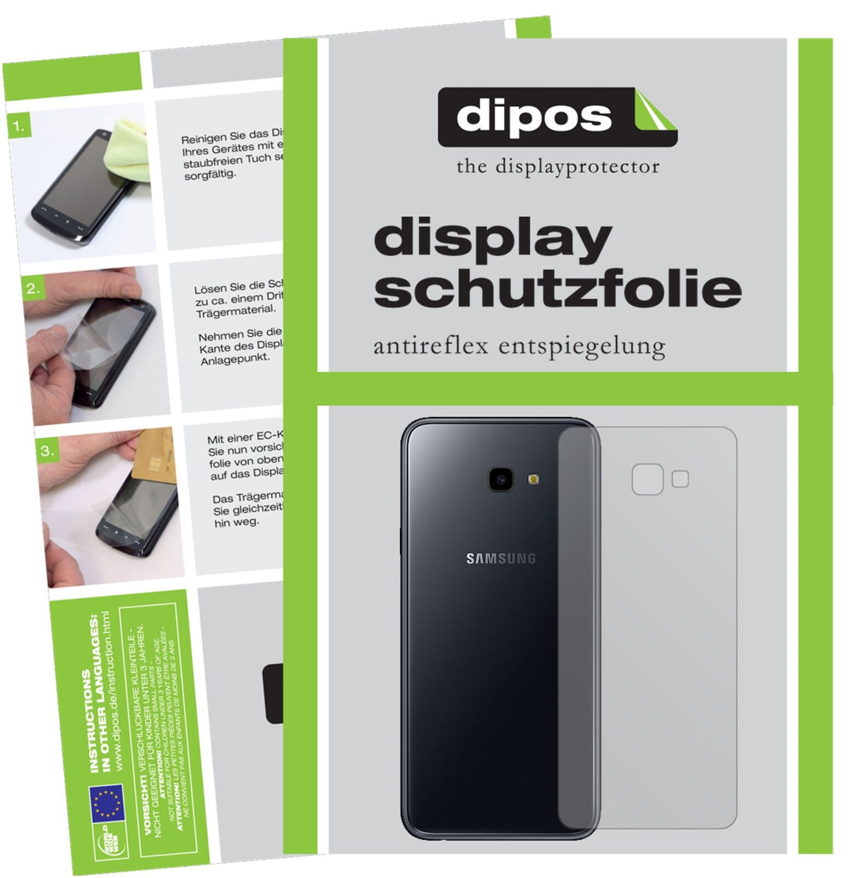 SamsungGalaxy J4 Plus (2018) Rückseite mit aufgebrachter dipos Displayschutzfolie, die lästige Fingerabdrücke minimiert