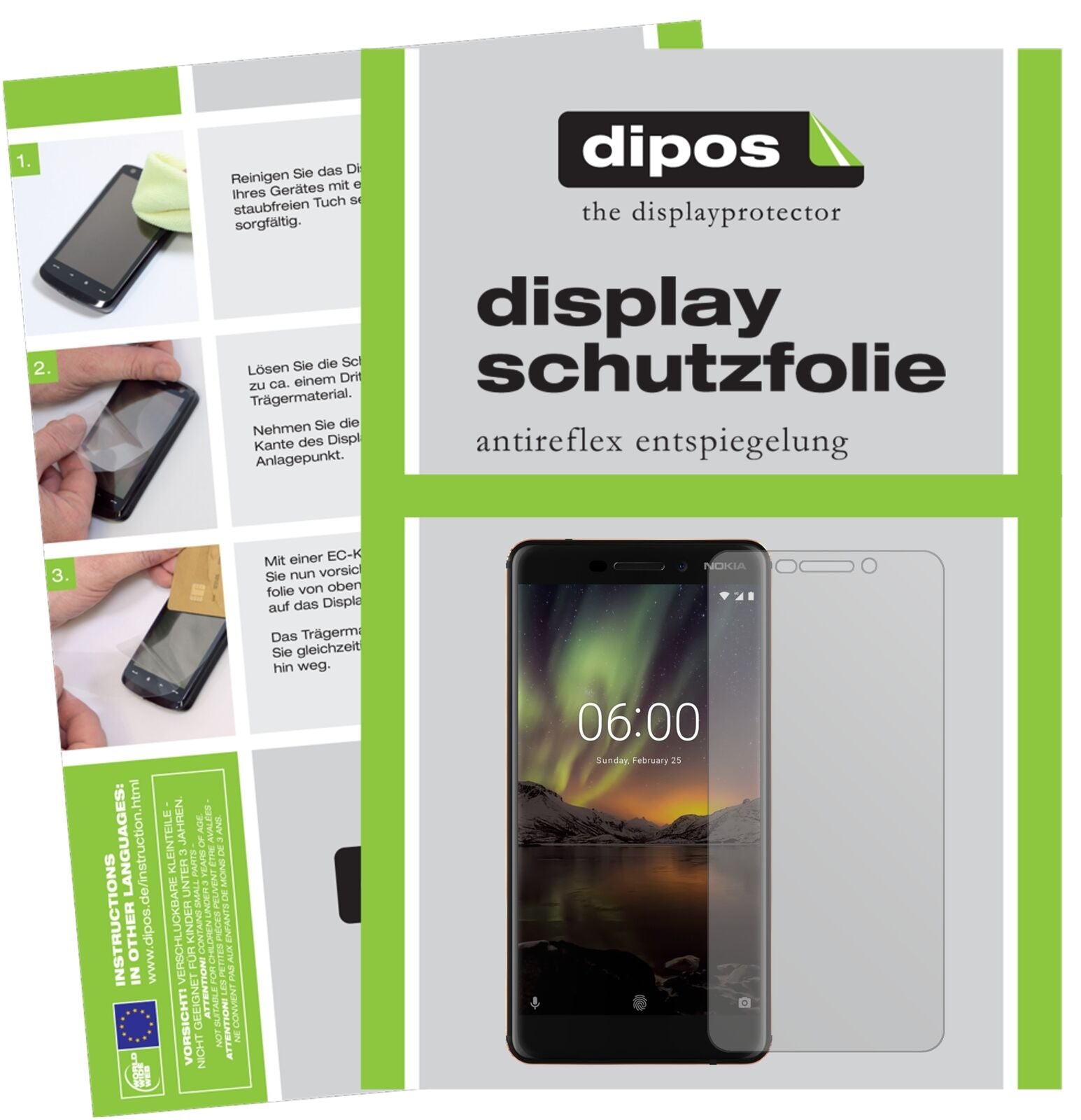 Nokia6 (2018) mit aufgebrachter dipos Displayschutzfolie, die lästige Fingerabdrücke minimiert