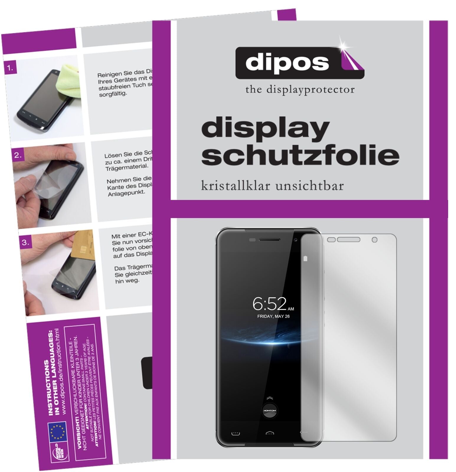 HOMTOMHT37 Pro mit aufgebrachter dipos Displayschutzfolie, glasklare Darstellung ohne Einschränkungen