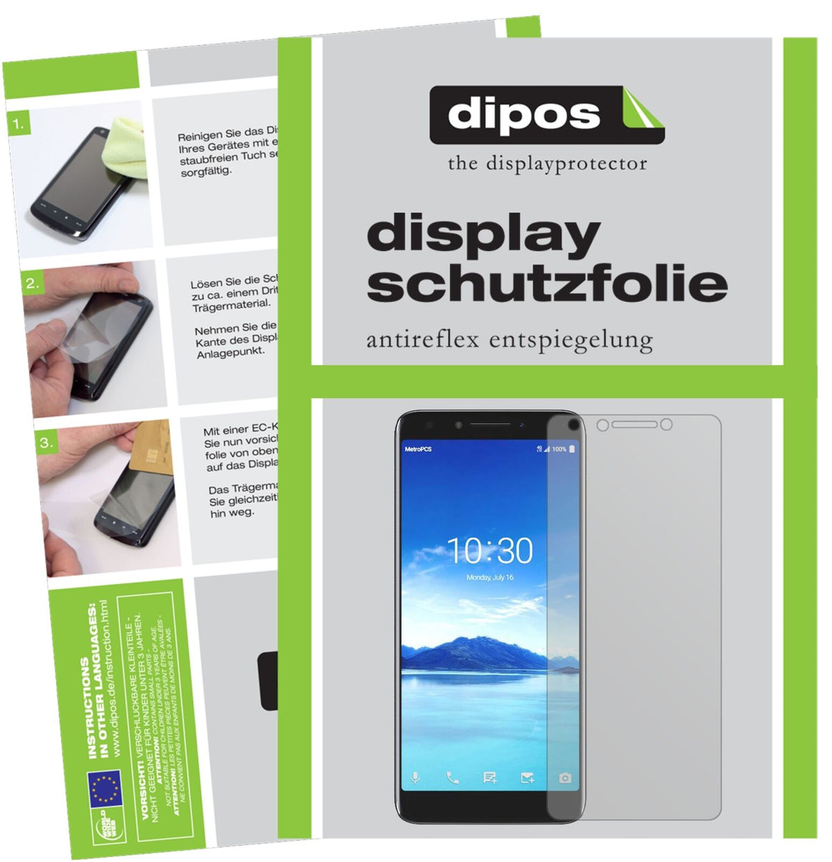 Alcatel7 mit aufgebrachter dipos Displayschutzfolie, die lästige Fingerabdrücke minimiert