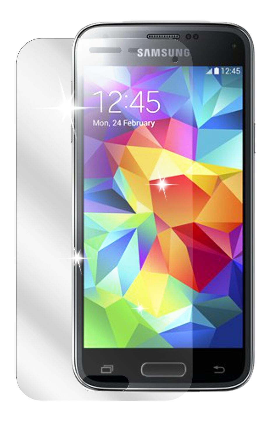 Galaxy S5 miniSamsung mit aufgebrachter dipos Displayschutzfolie, glasklare Darstellung ohne Einschränkungen