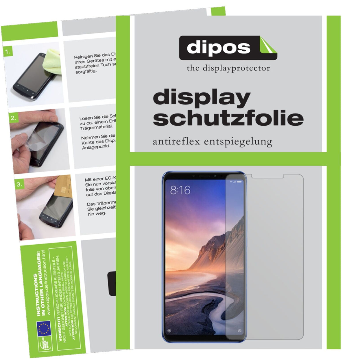 XiaomiMi Max 3 mit aufgebrachter dipos Displayschutzfolie, die lästige Fingerabdrücke minimiert