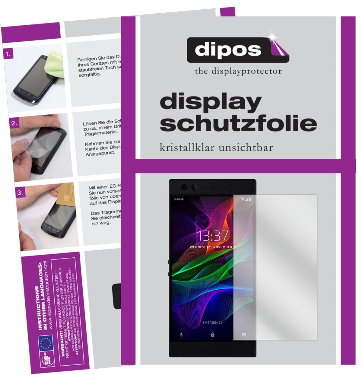 RazerPhone mit aufgebrachter dipos Displayschutzfolie, glasklare Darstellung ohne Einschränkungen