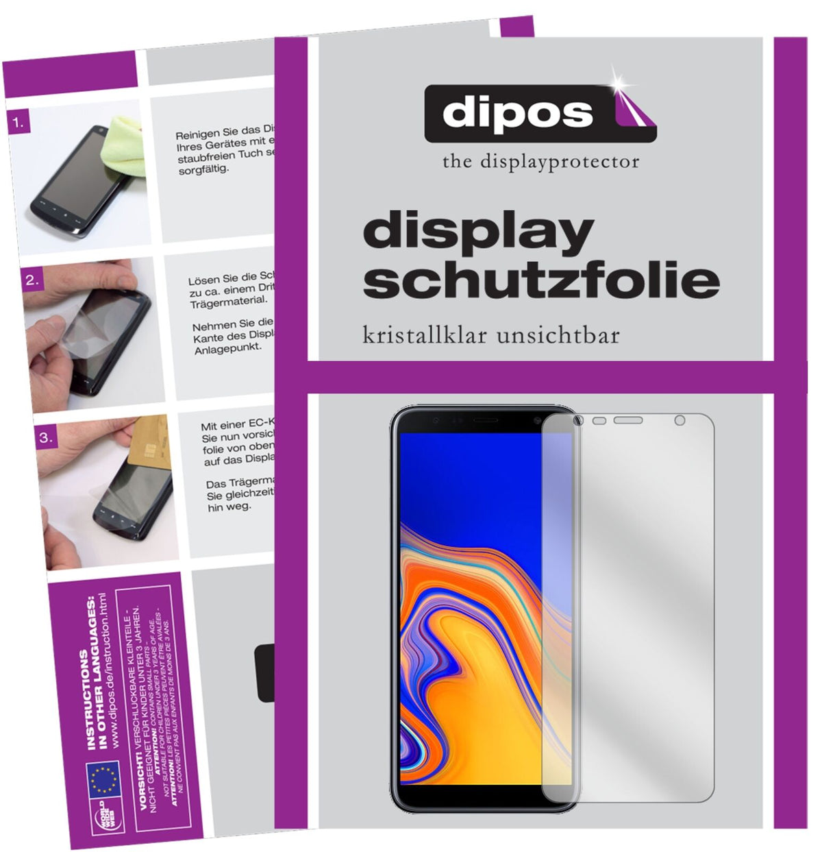 SamsungGalaxy J6 Plus (2018) mit aufgebrachter dipos Displayschutzfolie, glasklare Darstellung ohne Einschränkungen
