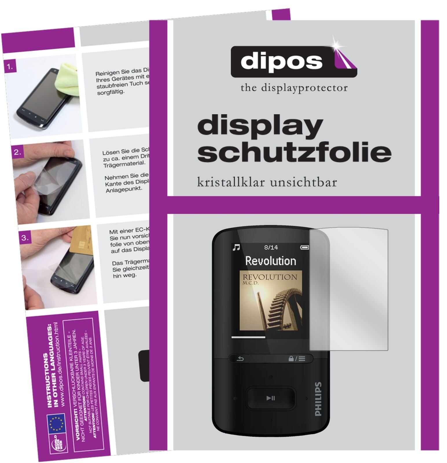 PhilipsSA4VBE04KN12 GoGear Vibe mit aufgebrachter dipos Displayschutzfolie, glasklare Darstellung ohne Einschränkungen