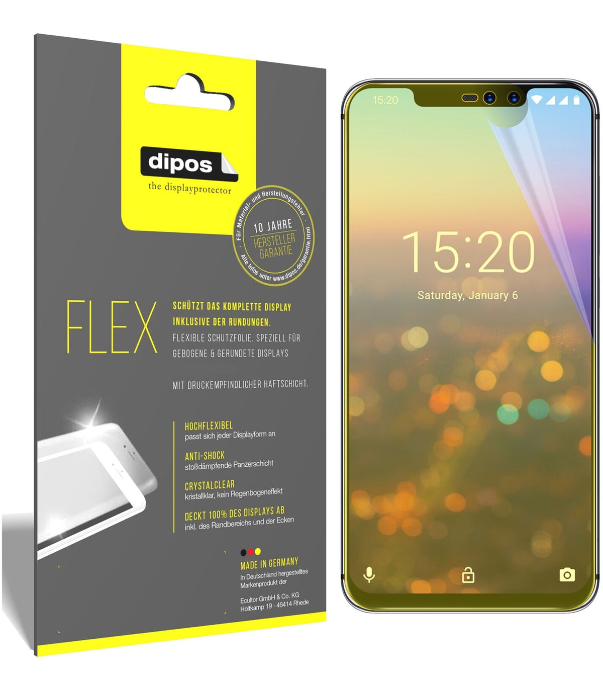 UmidigiZ2 mit aufgebrachter dipos Displayschutzfolie, glasklare Darstellung ohne Einschränkungen