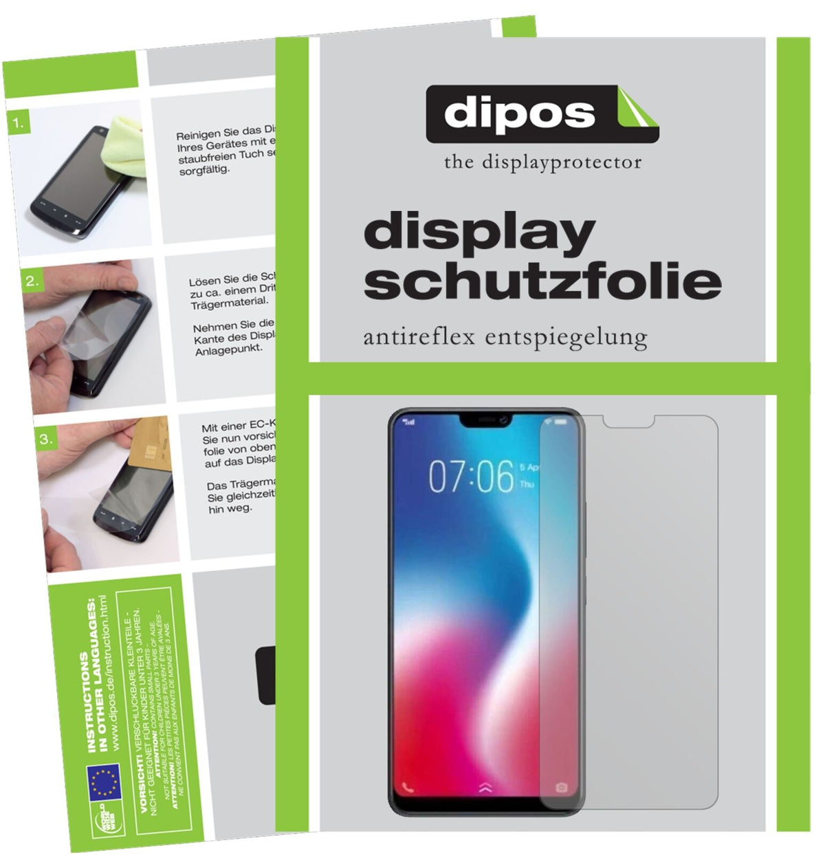 VivoY85 mit aufgebrachter dipos Displayschutzfolie, die lästige Fingerabdrücke minimiert