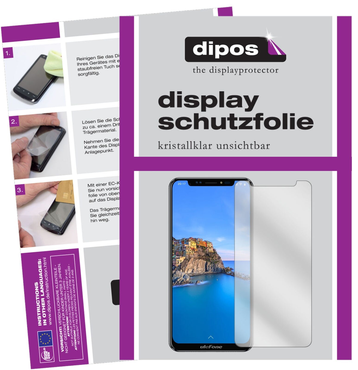 UlefoneX mit aufgebrachter dipos Displayschutzfolie, glasklare Darstellung ohne Einschränkungen
