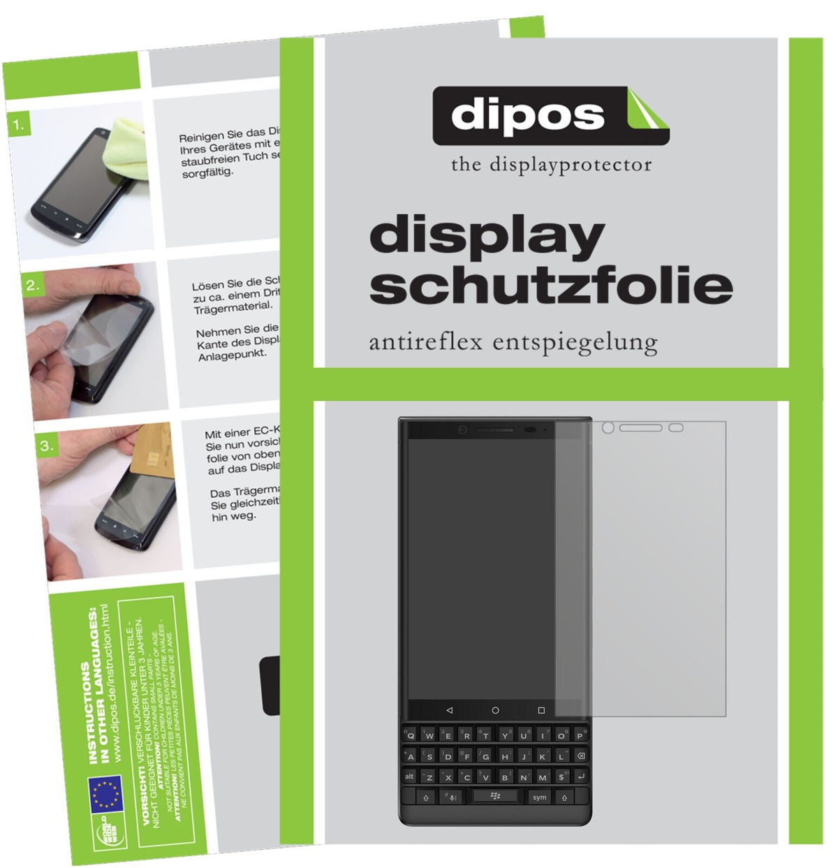 BlackberryKey 2 mit aufgebrachter dipos Displayschutzfolie, die lästige Fingerabdrücke minimiert