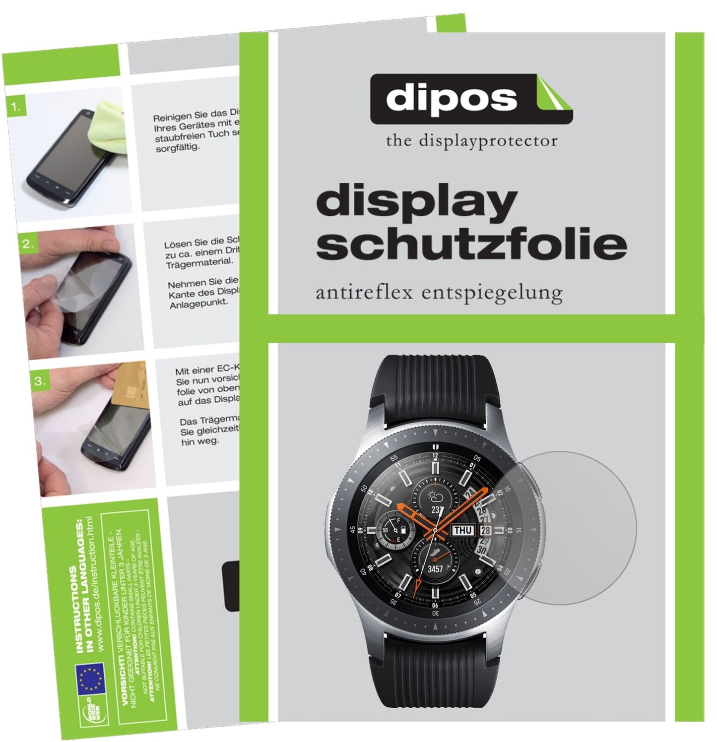 SamsungGalaxy Watch 46mm mit aufgebrachter dipos Displayschutzfolie, die lästige Fingerabdrücke minimiert