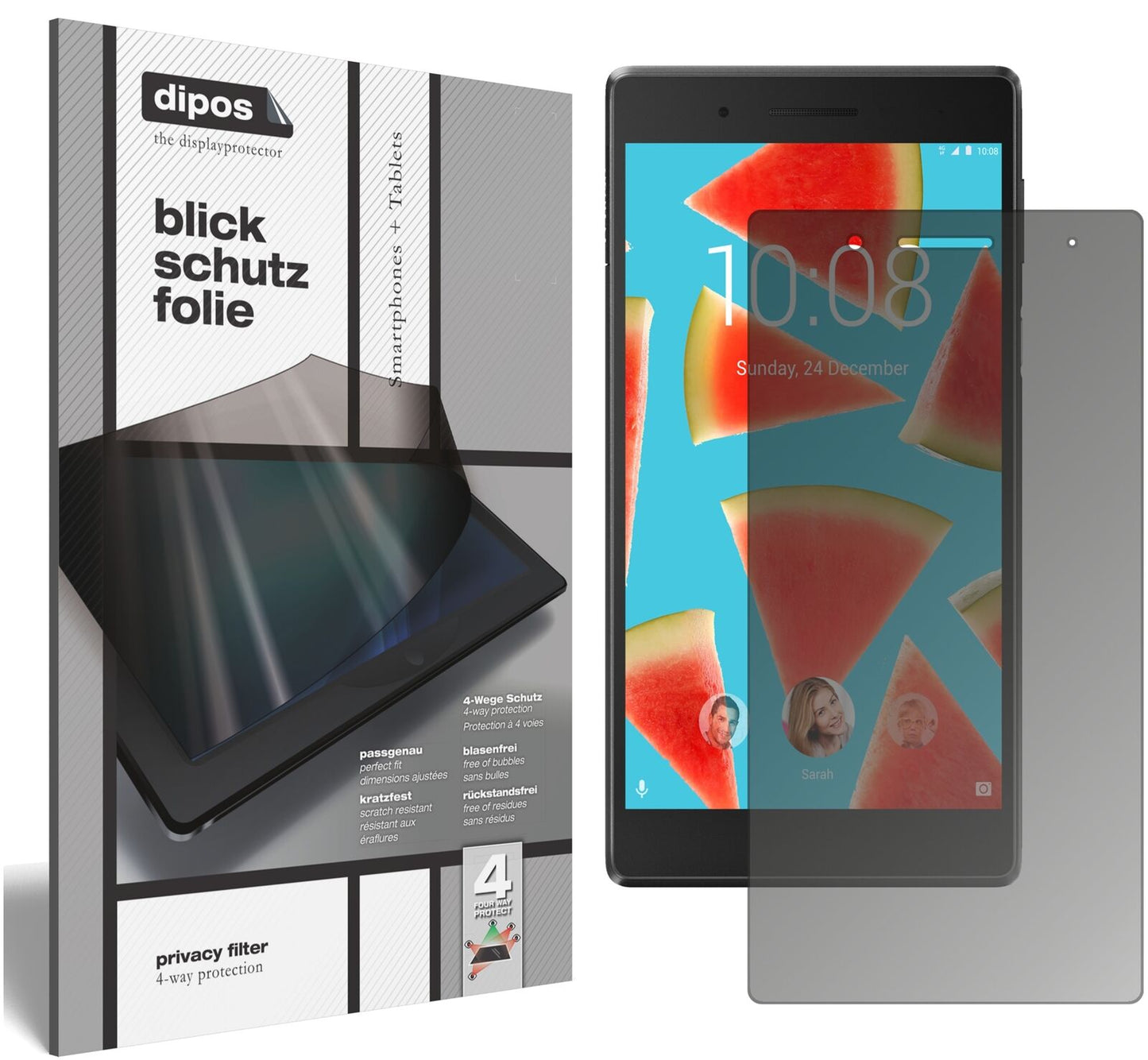 LenovoTB-7504X mit aufgebrachtem dipos Displayschutz, der seitliche Einblicke blockiert