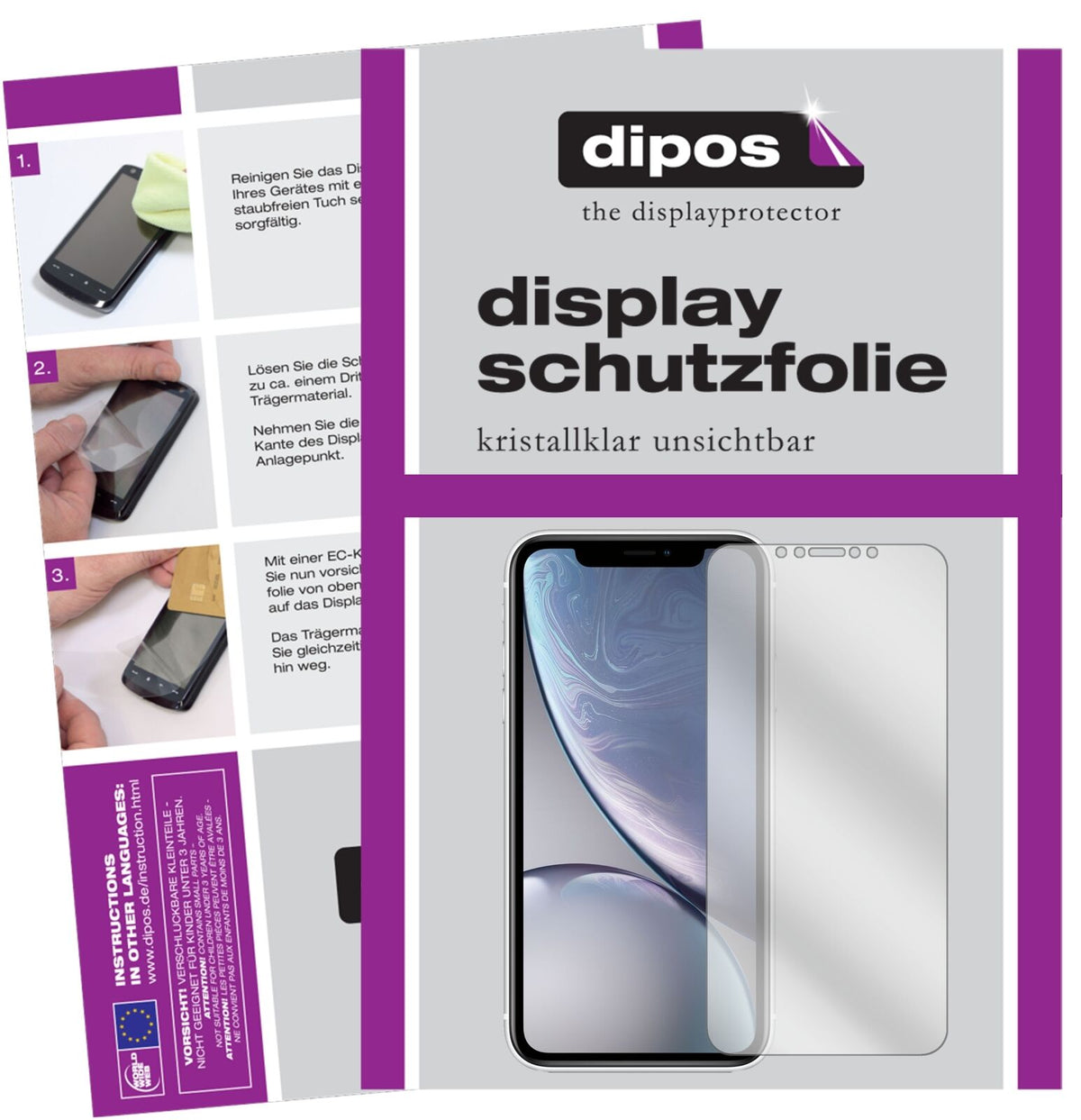 AppleiPhone XR mit aufgebrachter dipos Displayschutzfolie, glasklare Darstellung ohne Einschränkungen