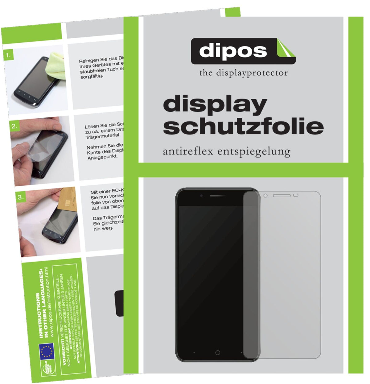 ZTEBlade A610 Plus mit aufgebrachter dipos Displayschutzfolie, die lästige Fingerabdrücke minimiert