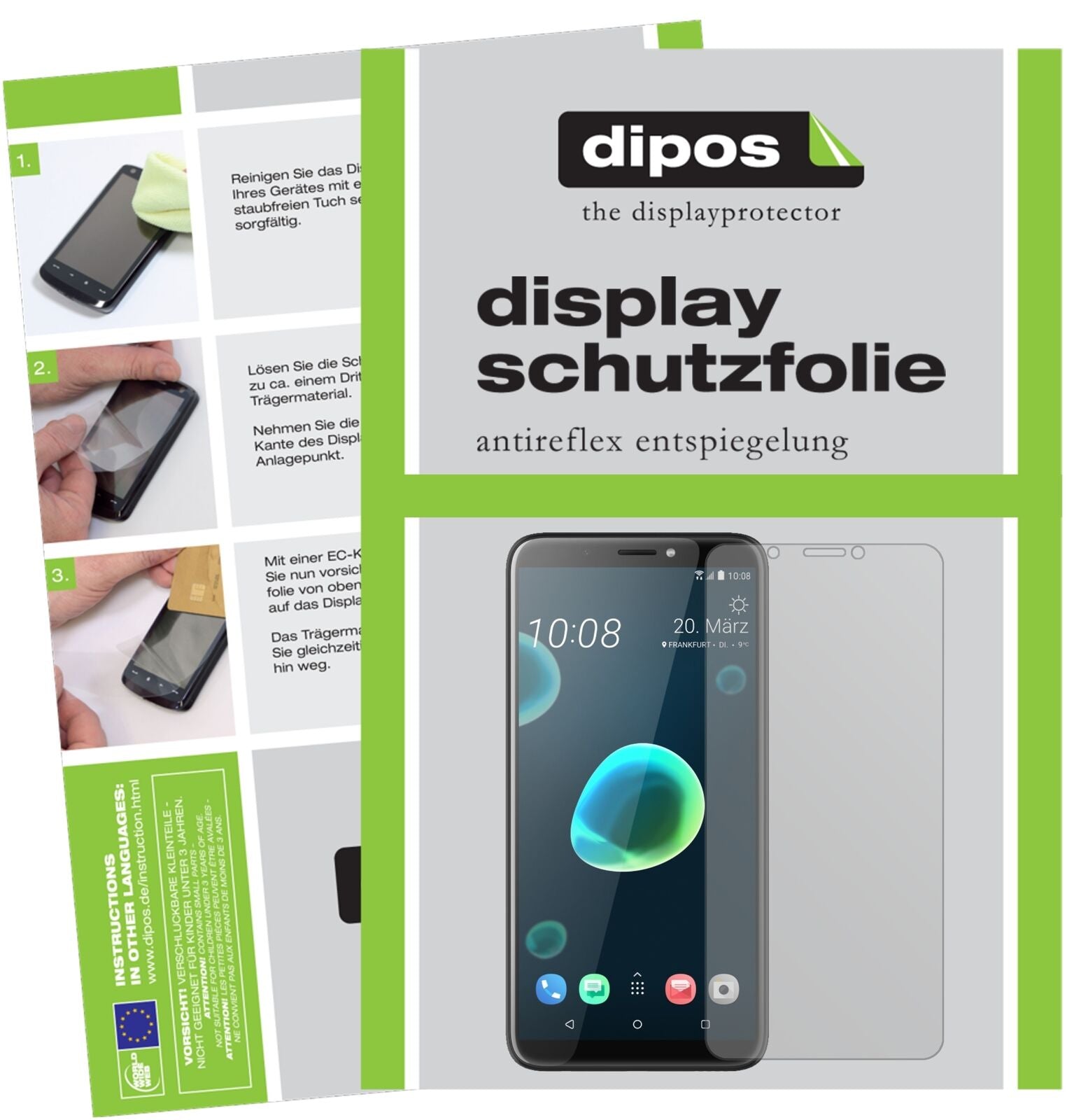 HTCDesire 12 Plus mit aufgebrachter dipos Displayschutzfolie, die lästige Fingerabdrücke minimiert