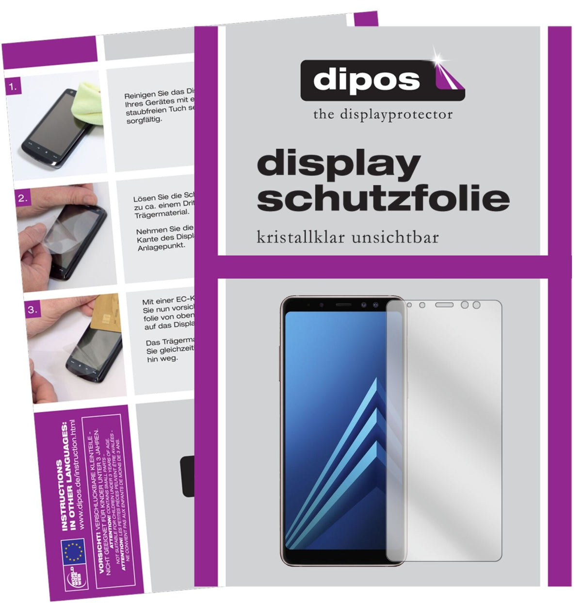 SamsungGalaxy A8 (2018) mit aufgebrachter dipos Displayschutzfolie, glasklare Darstellung ohne Einschränkungen