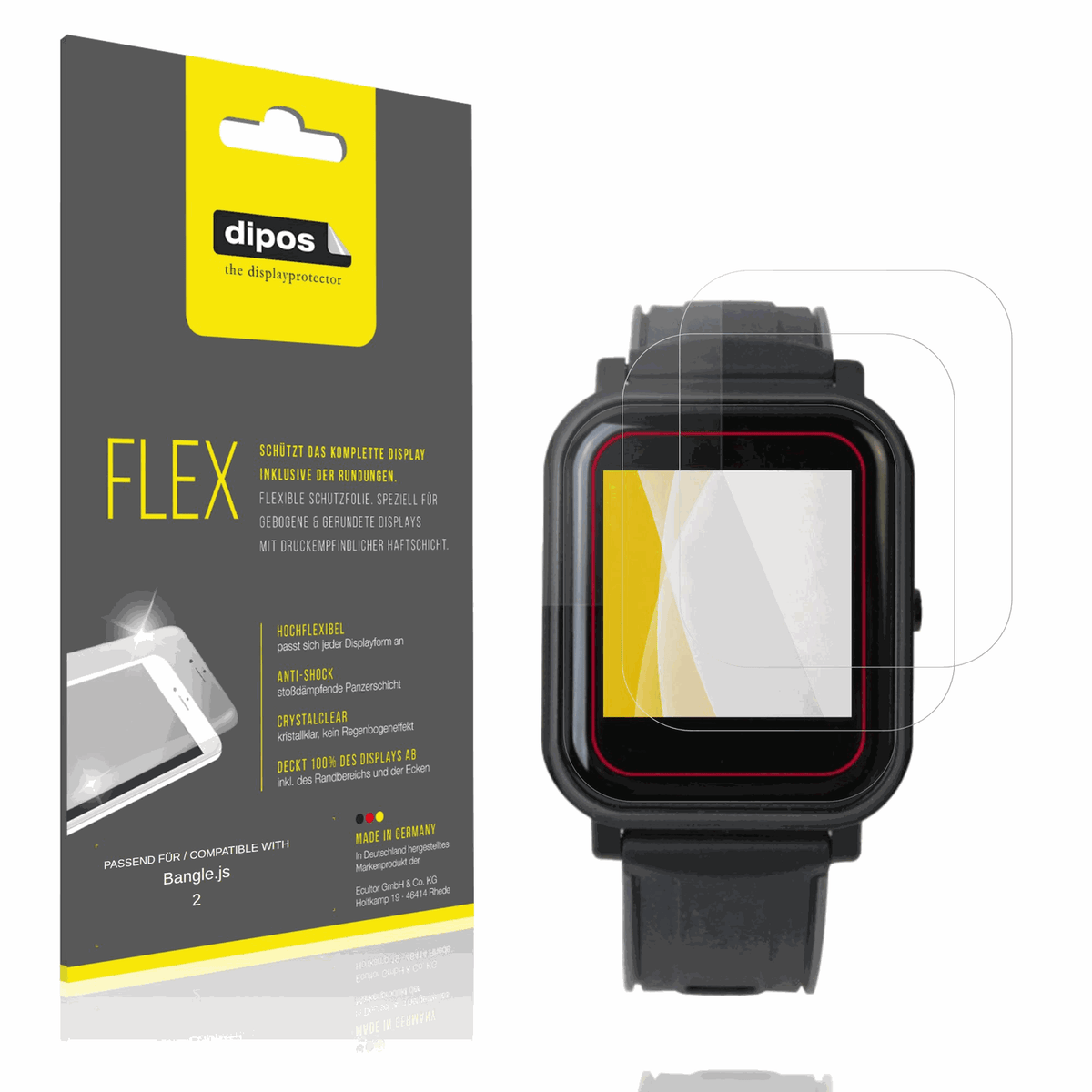 Klare Displayschutzfolie von dipos passend f�r Bangle.js 2, 100% Displayabdeckung und blasenfreie Montage