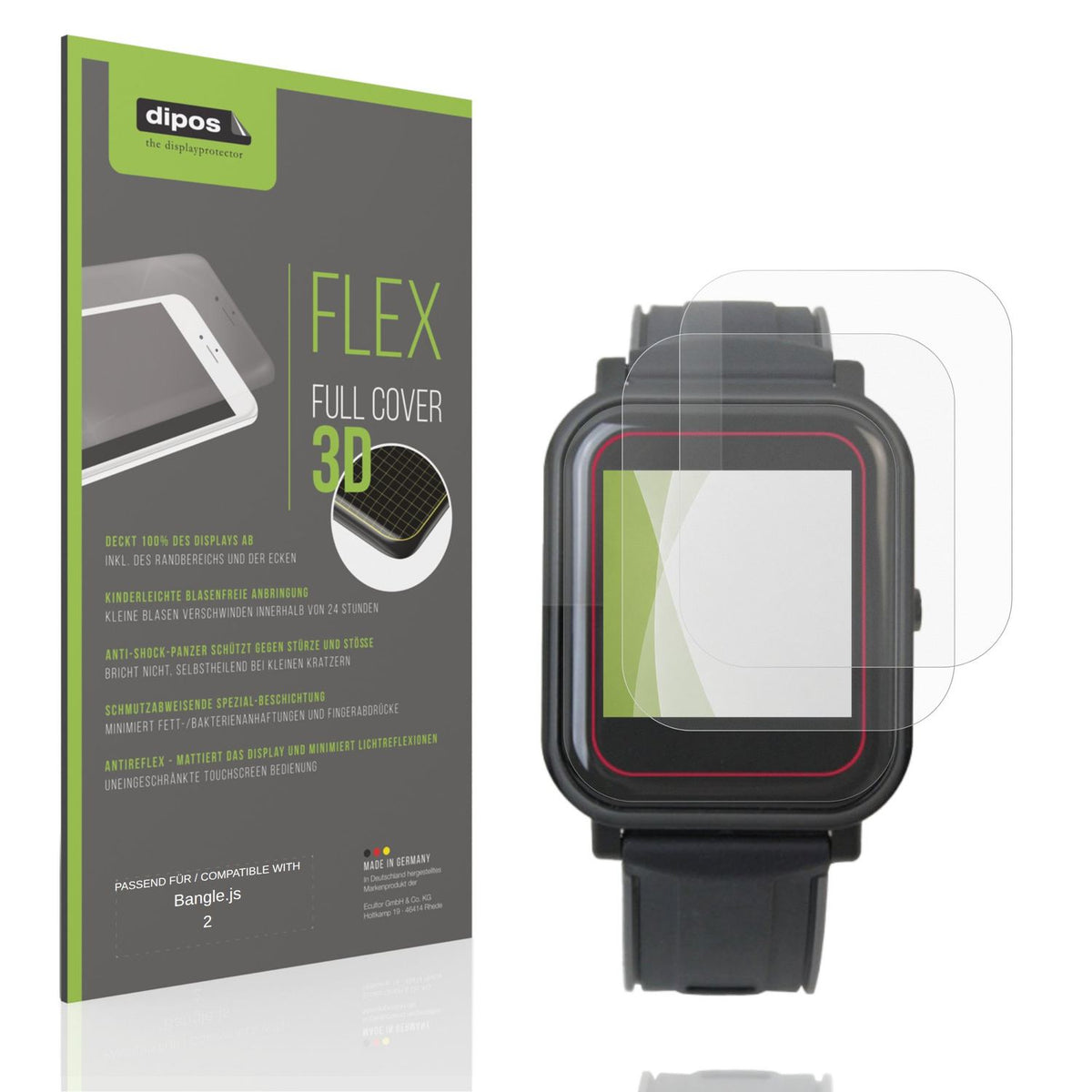 Matte Displayschutzfolie von dipos passend f�r Bangle.js 2, 100% Displayabdeckung und blasenfreie Montage