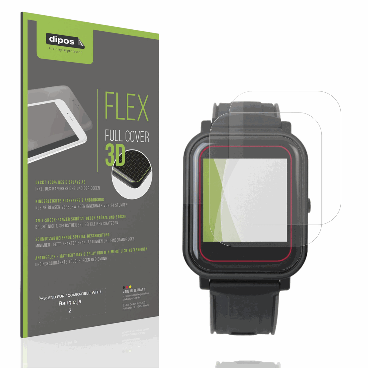 Matte Displayschutzfolie von dipos passend f�r Bangle.js 2, 100% Displayabdeckung und blasenfreie Montage