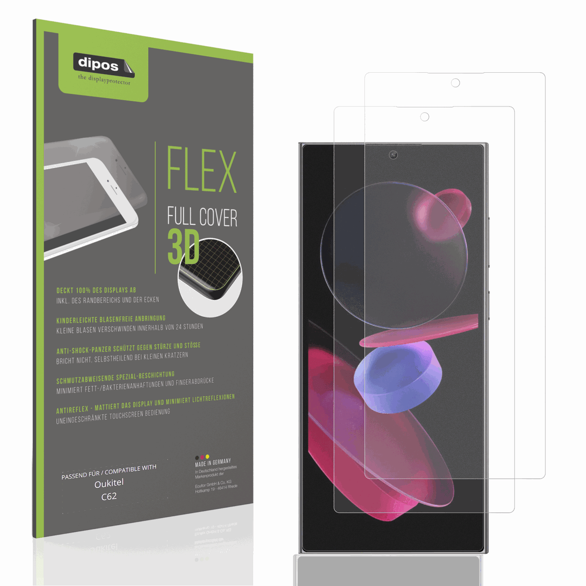 Matte Displayschutzfolie von dipos passend für Oukitel C62, 100% Displayabdeckung und blasenfreie Montage