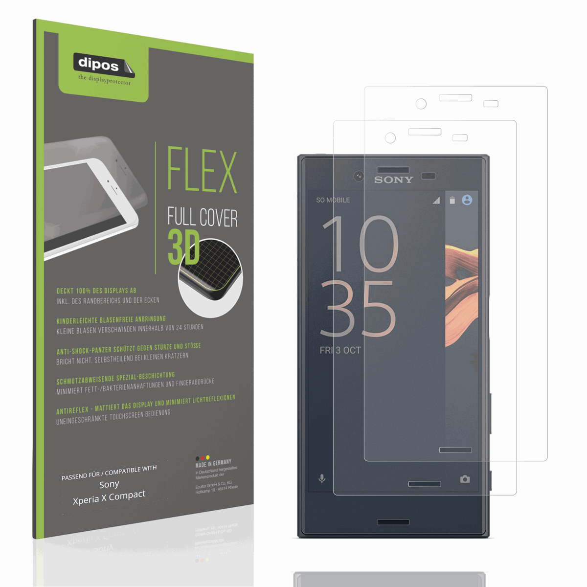 Matte Displayschutzfolie von dipos passend für Sony Xperia X Compact, 100% Displayabdeckung und blasenfreie Montage
