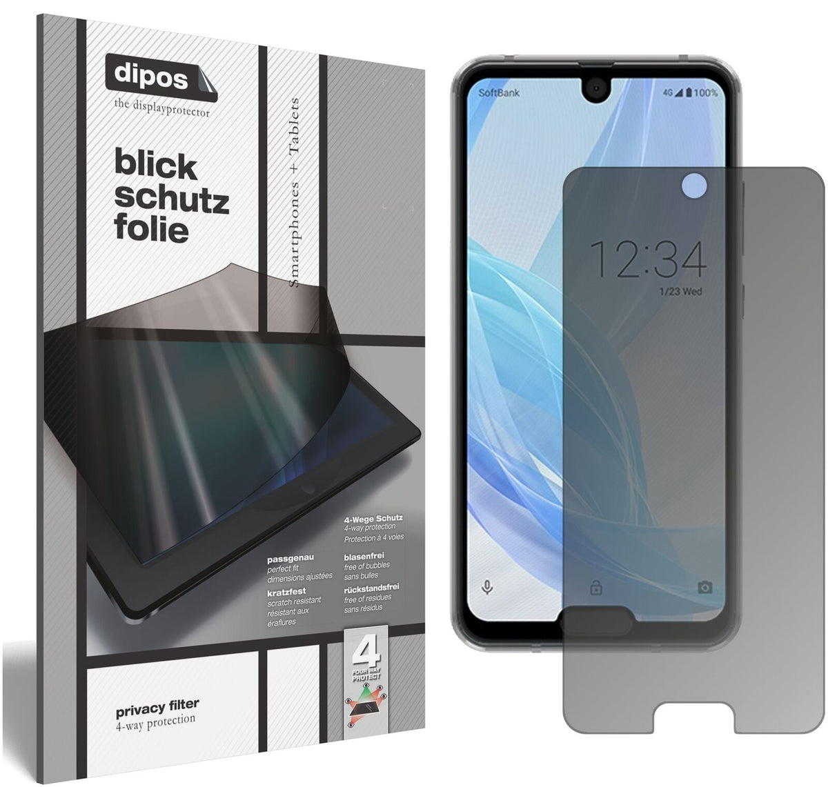 SharpAquos R2 Compact mit aufgebrachtem dipos Displayschutz, der seitliche Einblicke blockiert