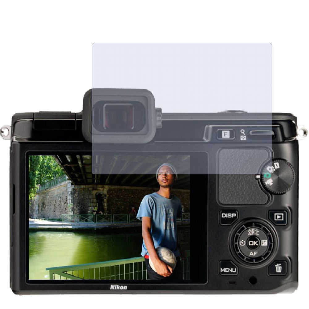 1 V1Nikon mit aufgebrachter dipos Displayschutzfolie, glasklare Darstellung ohne Einschränkungen