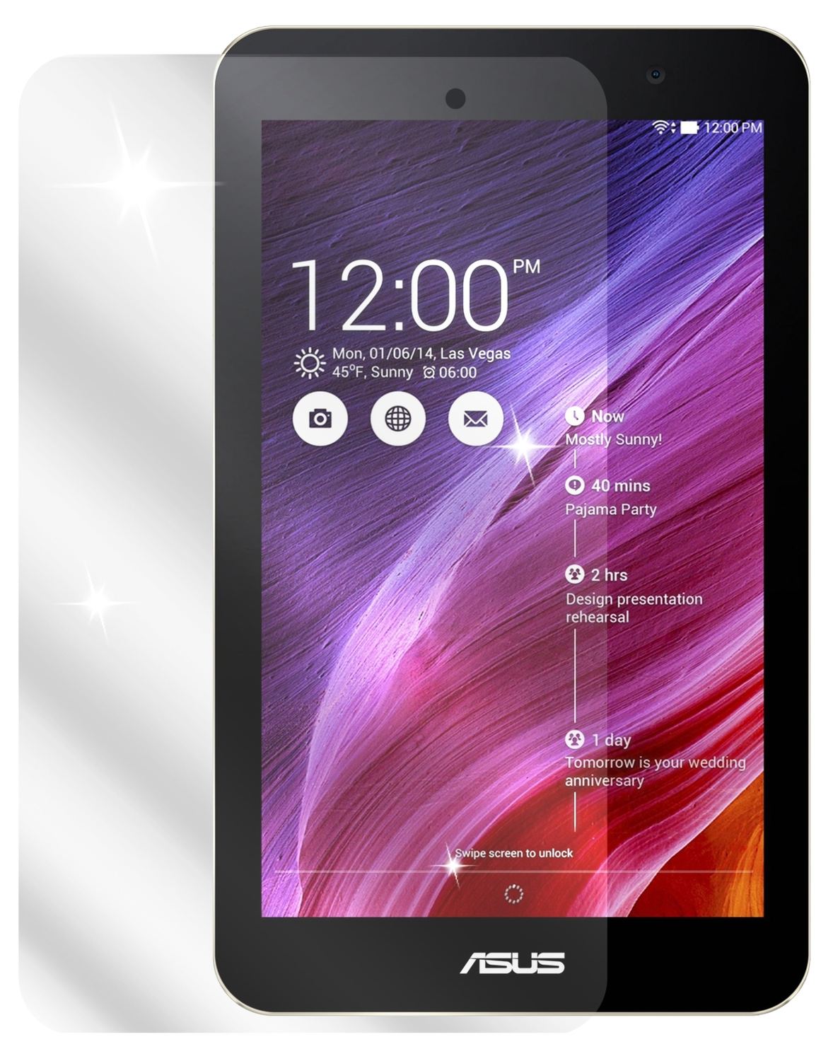 MeMo Pad 7 (ME176C)ASUS mit aufgebrachter dipos Displayschutzfolie, glasklare Darstellung ohne Einschränkungen