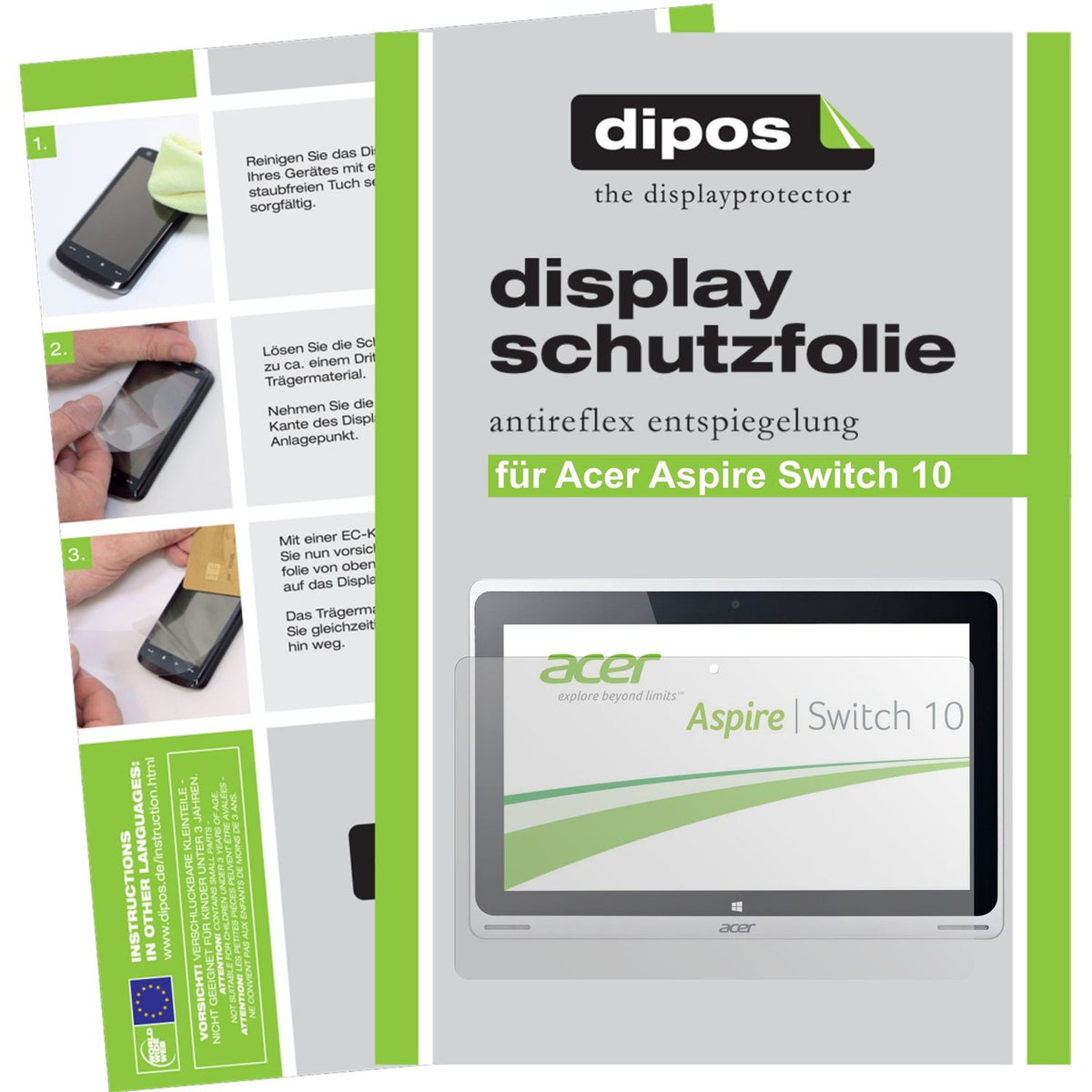 Matte Displayschutzfolie von dipos passend für Aspire Switch 10 Acer, präziser Zuschnitt und blasenfrei montiert