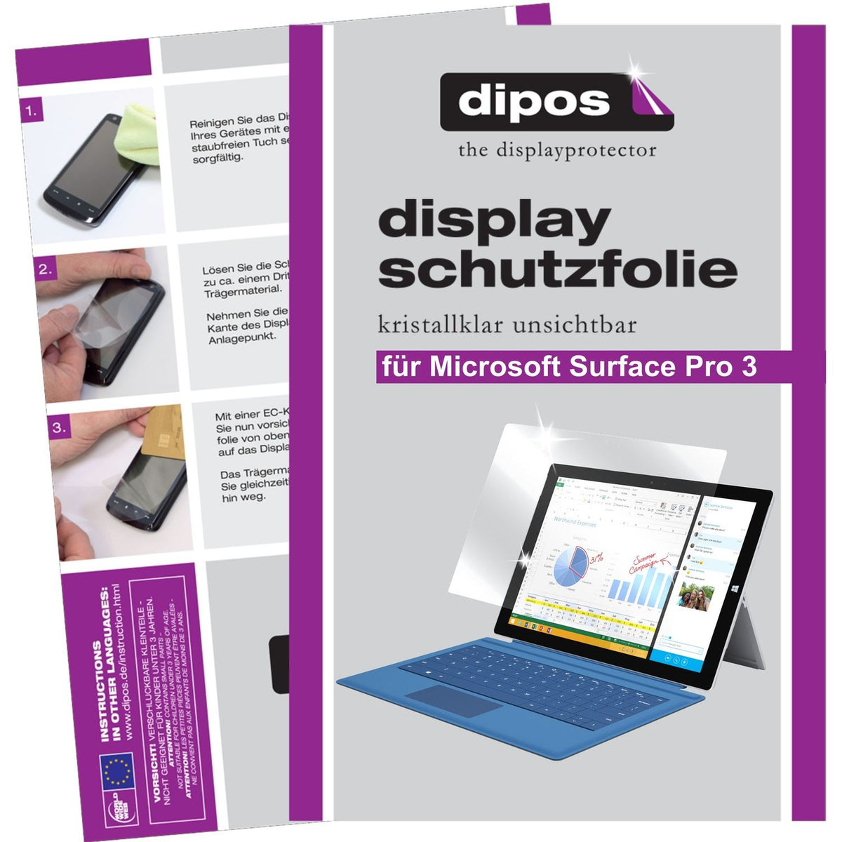 Klare Displayschutzfolie von dipos passend für Surface Pro 3 Microsoft, präziser Zuschnitt und blasenfrei montiert