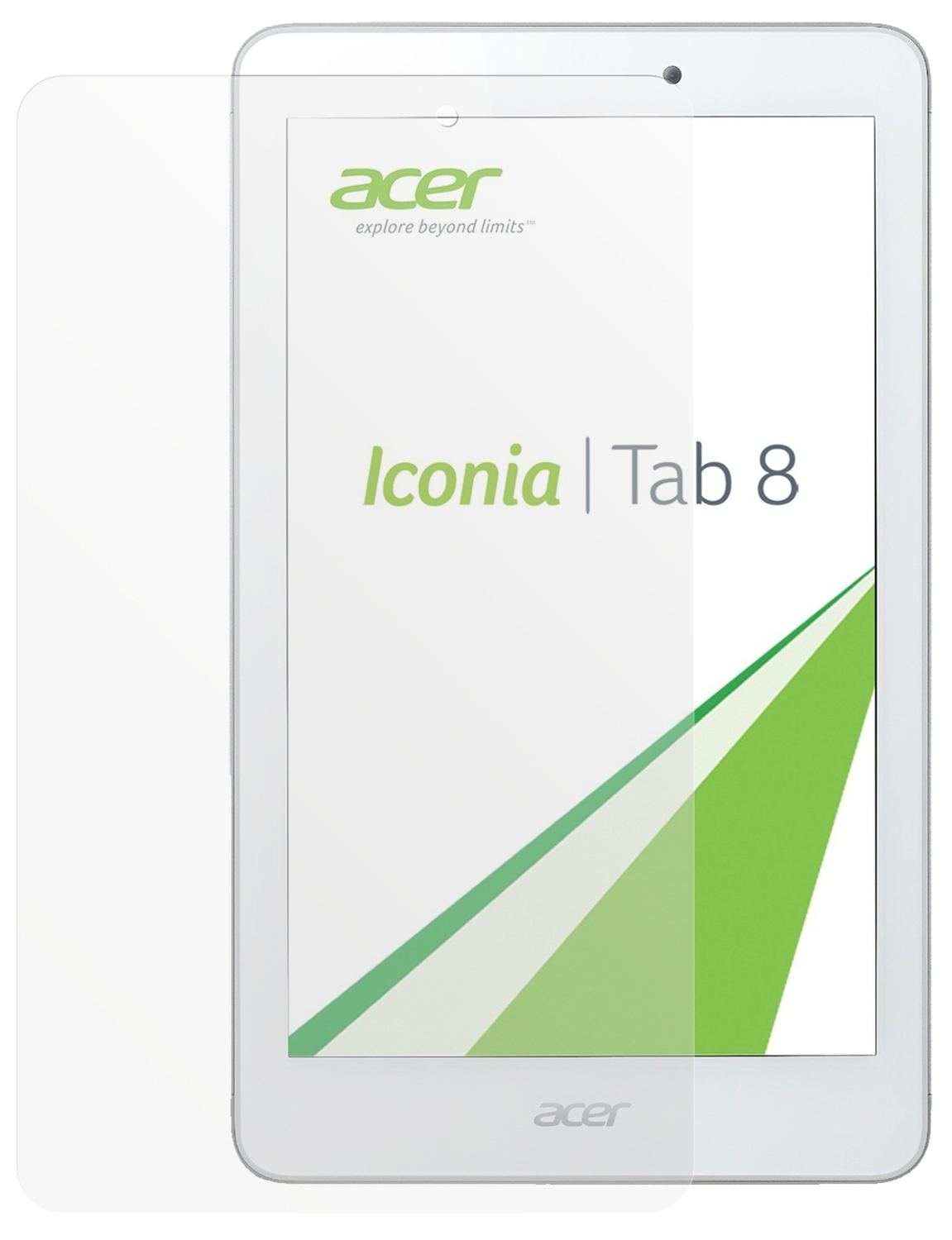 Iconia Tab 8Acer mit aufgebrachter dipos Displayschutzfolie, die lästige Fingerabdrücke minimiert