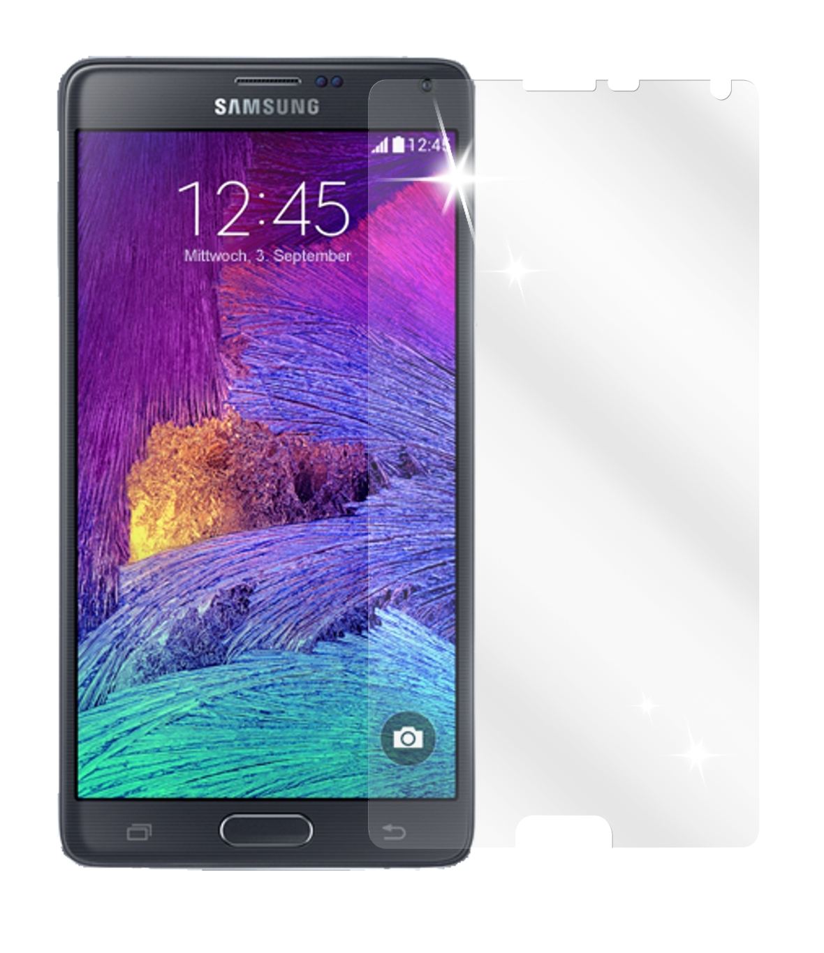 Galaxy Note 4Samsung mit aufgebrachter dipos Displayschutzfolie, glasklare Darstellung ohne Einschränkungen
