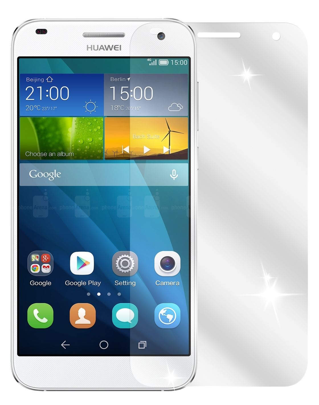 Ascend G7Huawei mit aufgebrachter dipos Displayschutzfolie, glasklare Darstellung ohne Einschränkungen