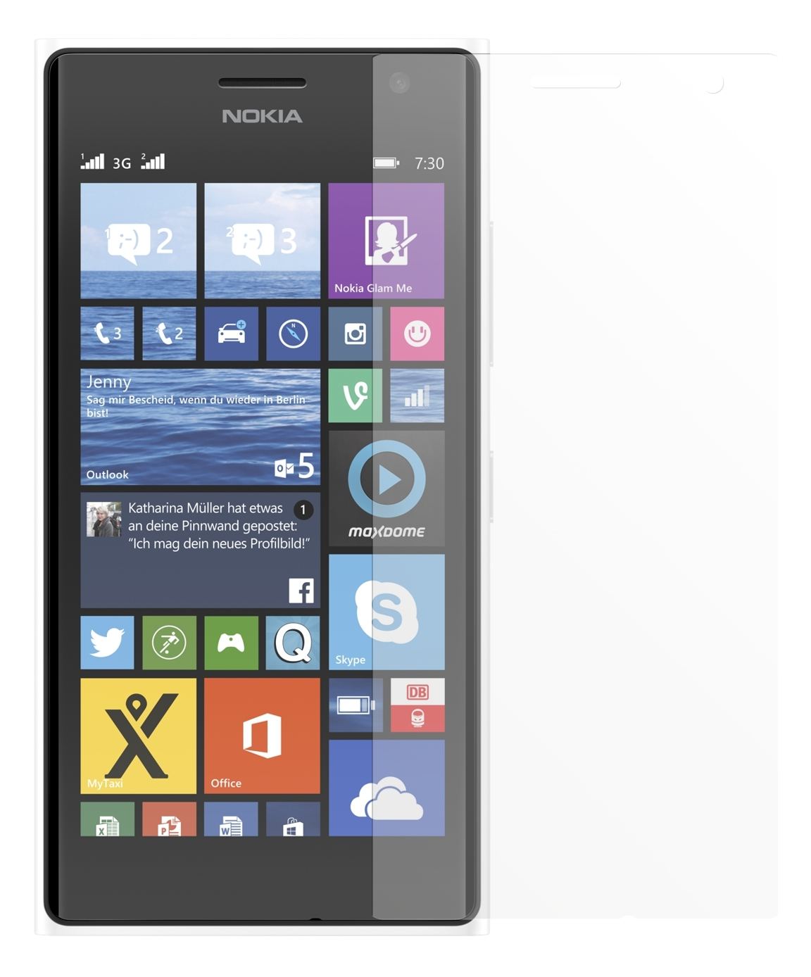 Lumia 730 / 735Nokia mit aufgebrachter dipos Displayschutzfolie, die lästige Fingerabdrücke minimiert