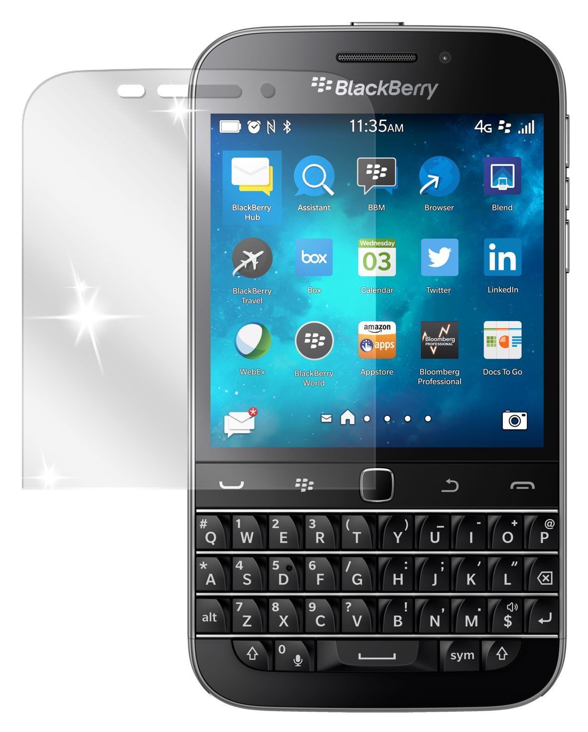ClassicBlackberry mit aufgebrachter dipos Displayschutzfolie, glasklare Darstellung ohne Einschränkungen