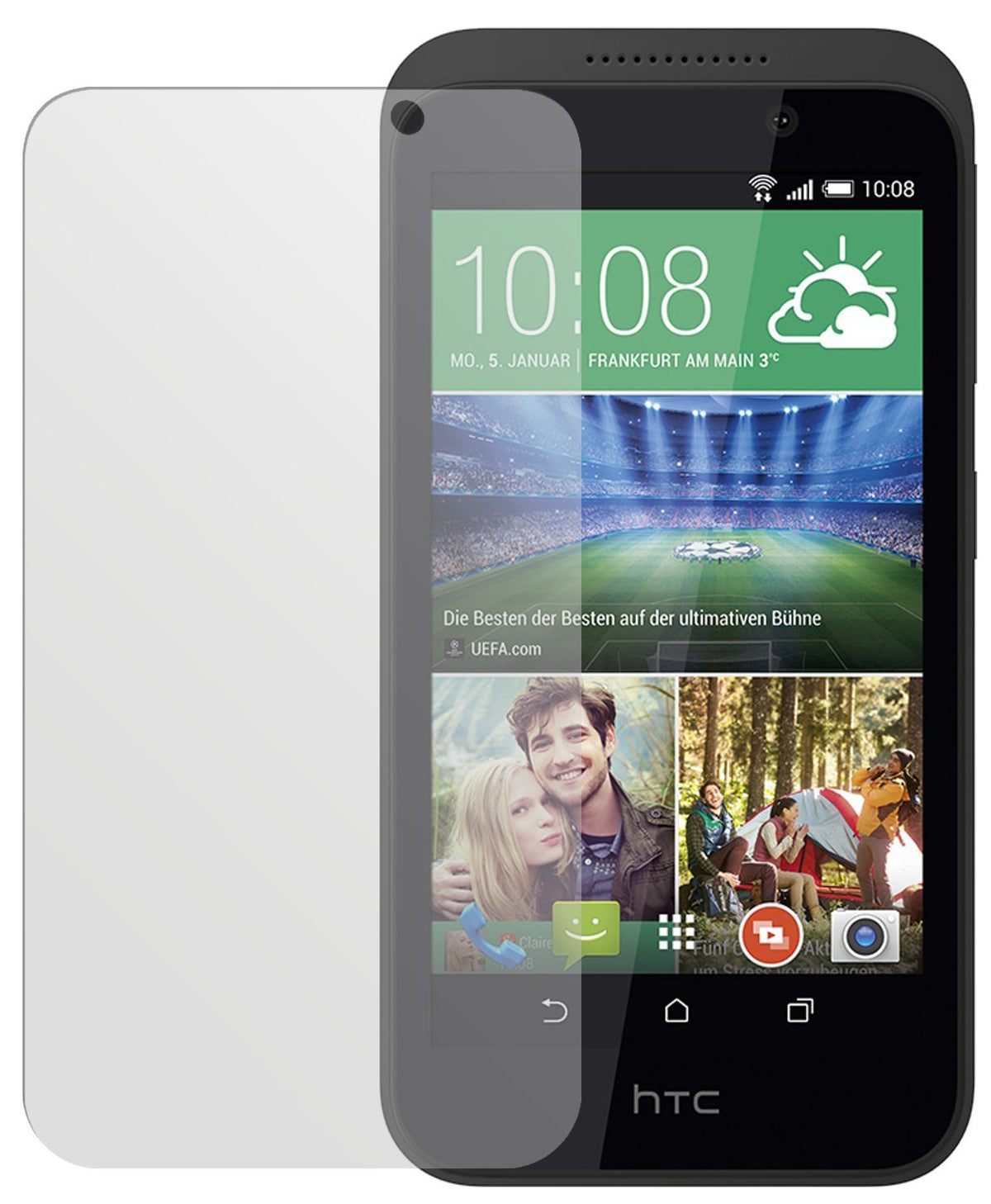 Desire 320HTC mit aufgebrachter dipos Displayschutzfolie, die lästige Fingerabdrücke minimiert