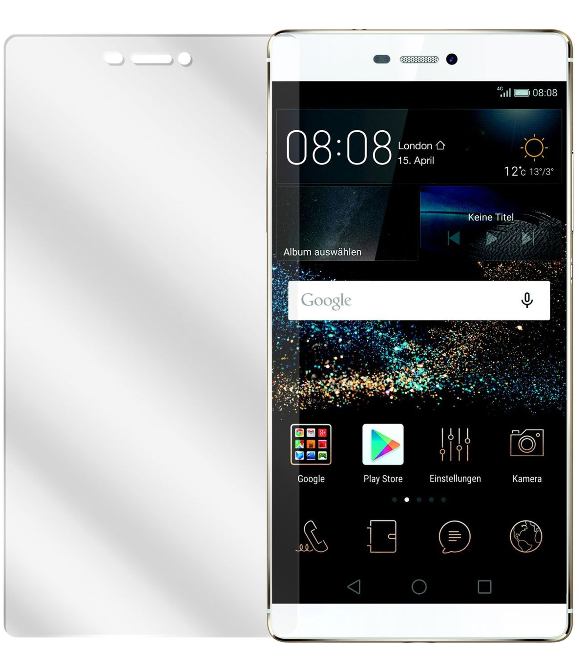 Ascend P8Huawei mit aufgebrachter dipos Displayschutzfolie, glasklare Darstellung ohne Einschränkungen