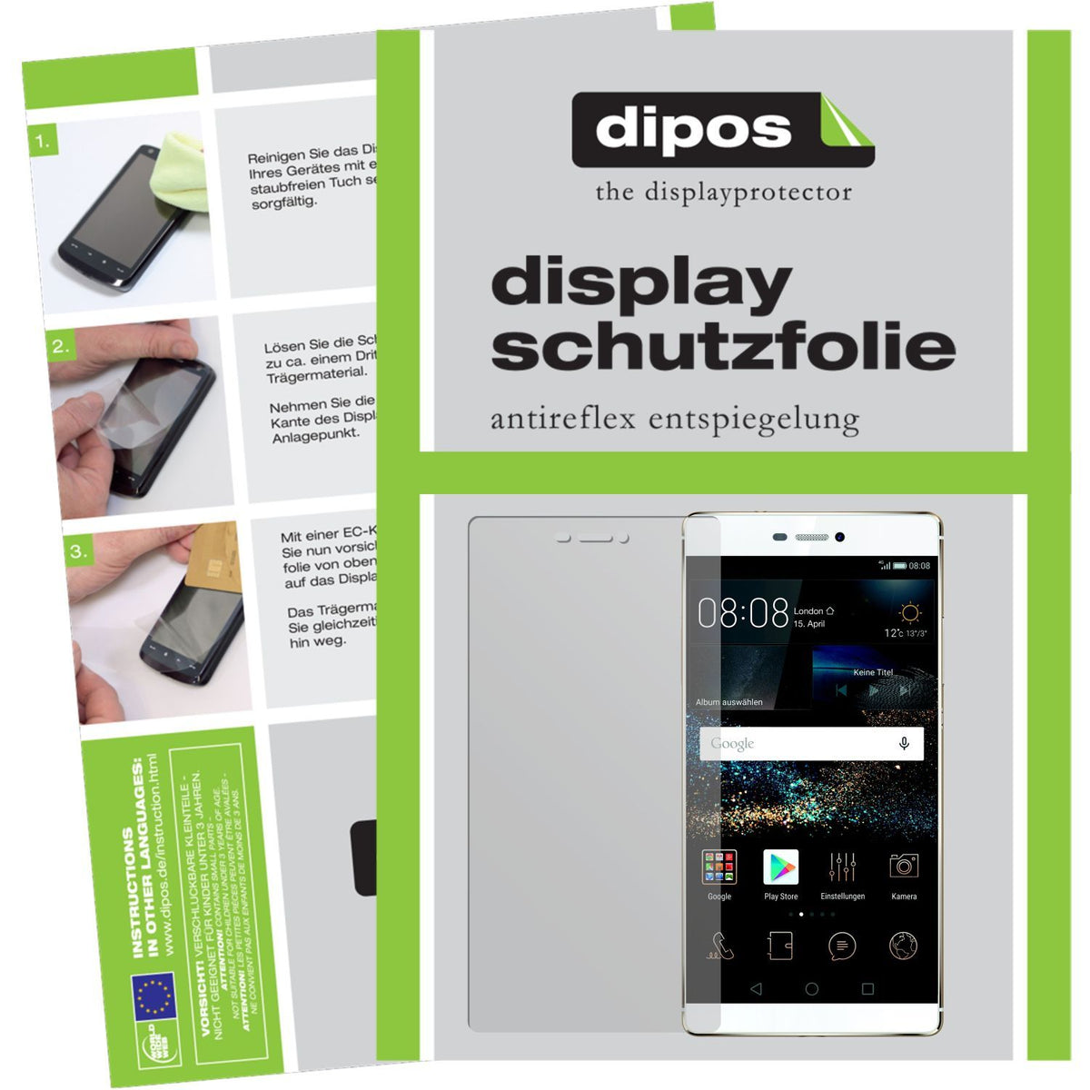 Matte Displayschutzfolie von dipos passend für Ascend P8 Huawei, präziser Zuschnitt und blasenfrei montiert