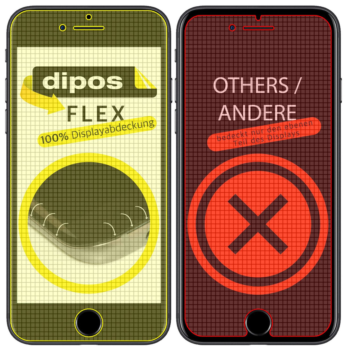AppleiPhone 6 Plus / 6S Plus mit aufgebrachter dipos Displayschutzfolie, glasklare Darstellung ohne Einschränkungen
