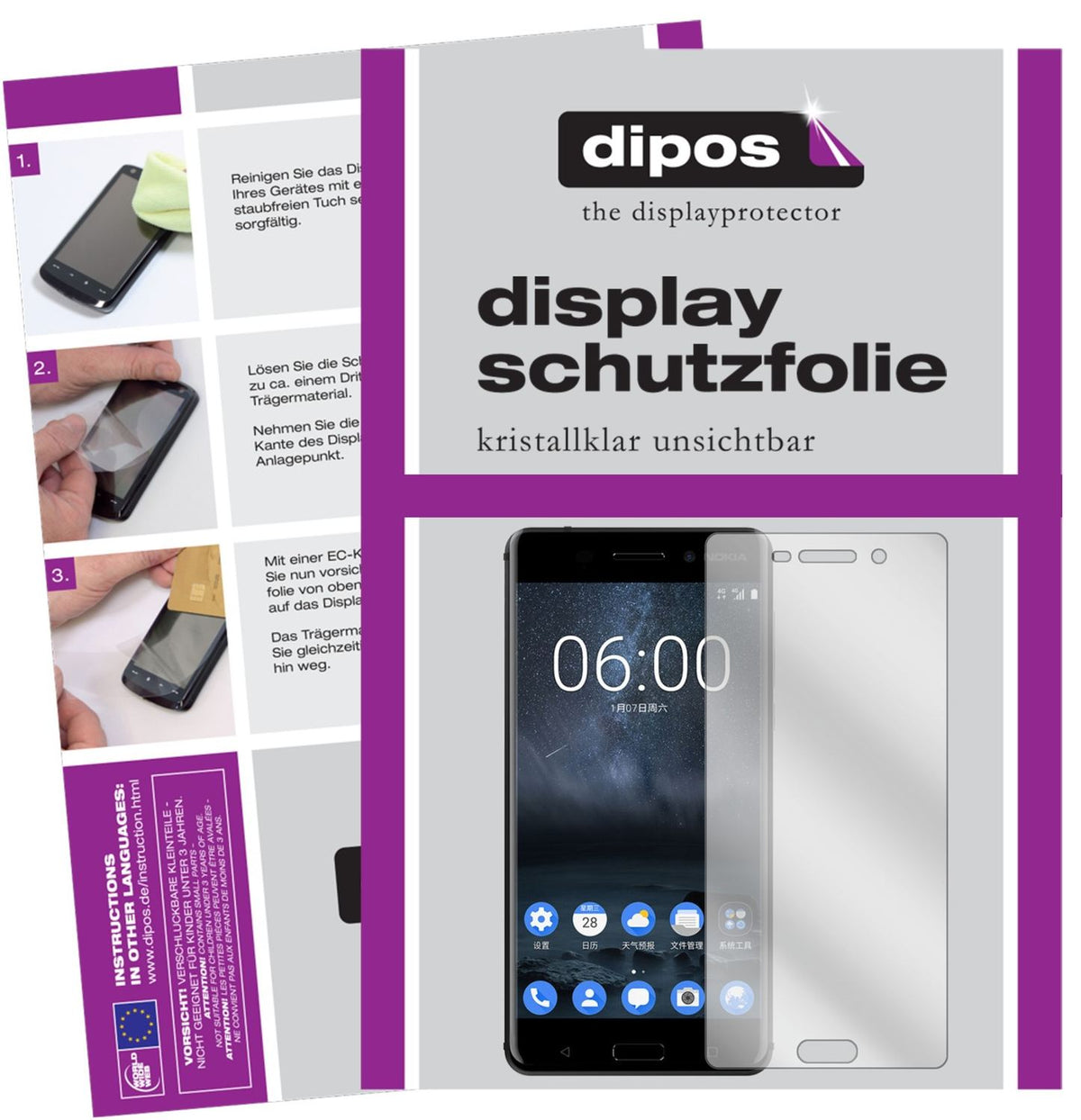 Klare Displayschutzfolie von dipos passend für Nokia 6, präziser Zuschnitt und blasenfrei montiert