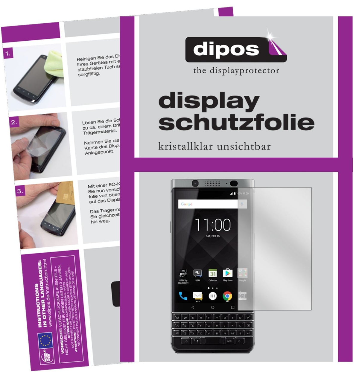 Klare Displayschutzfolie von dipos passend für Blackberry KeyOne, präziser Zuschnitt und blasenfrei montiert