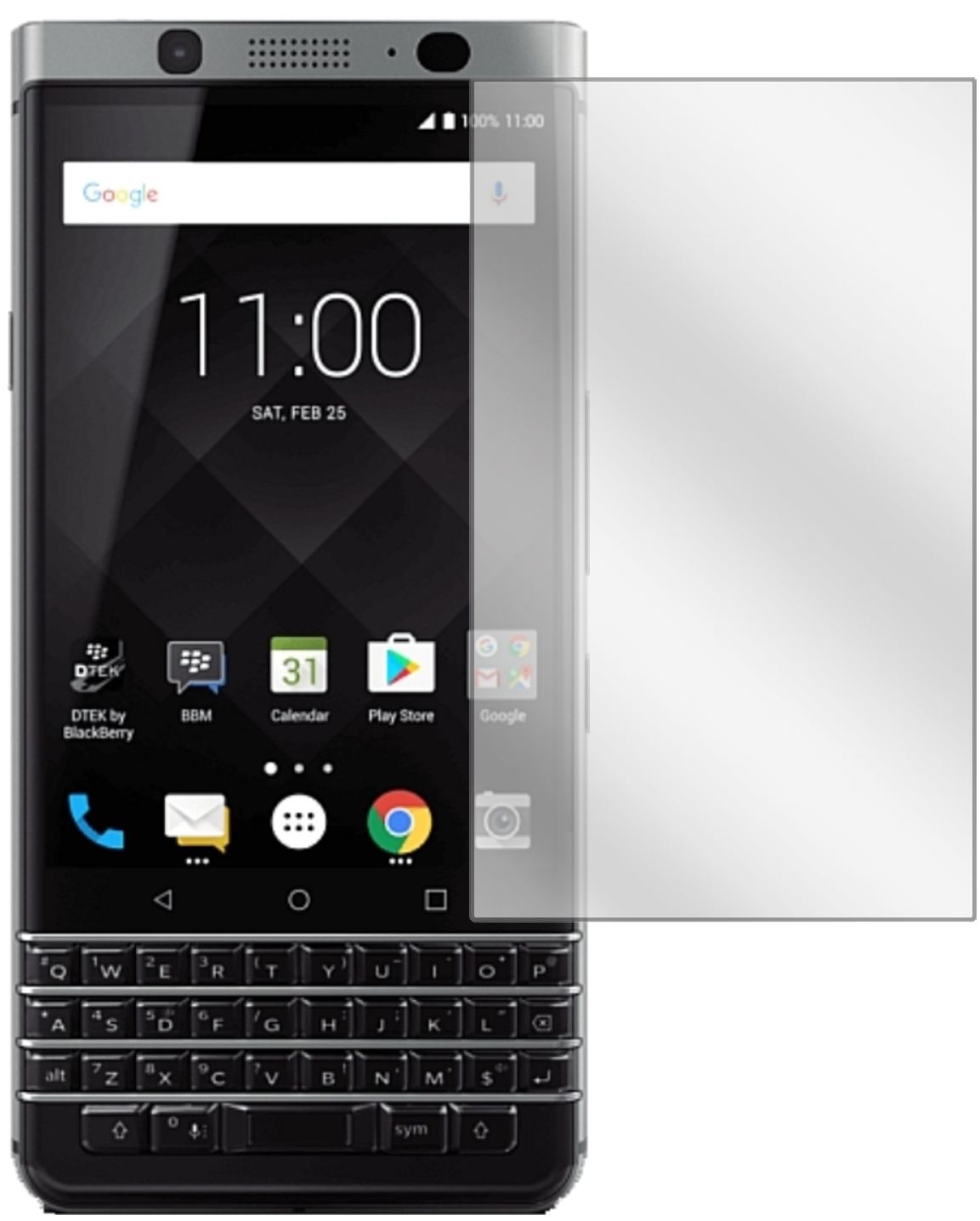 BlackberryKeyOne mit aufgebrachter dipos Displayschutzfolie, glasklare Darstellung ohne Einschränkungen