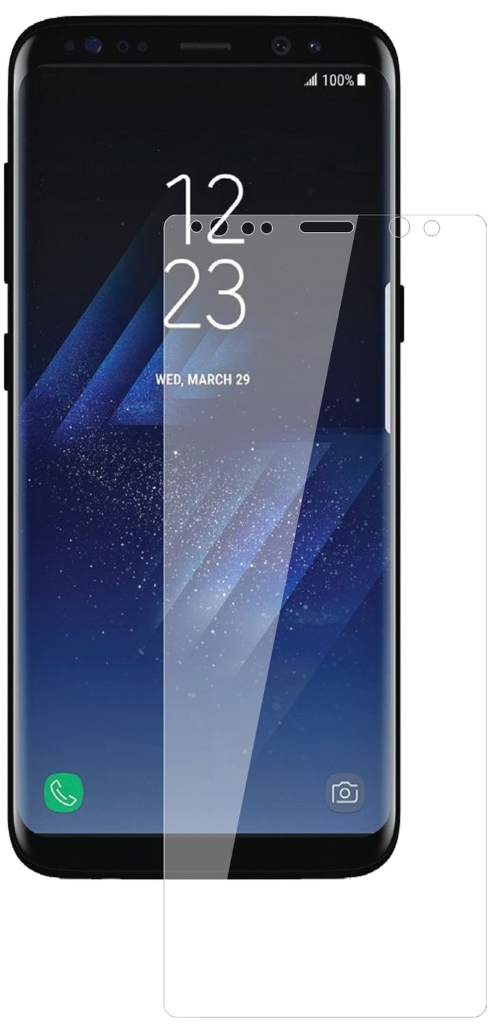 SamsungGalaxy S8 mit aufgebrachter dipos Flex Schutzfolie, glasklare Darstellung ohne Einschränkungen