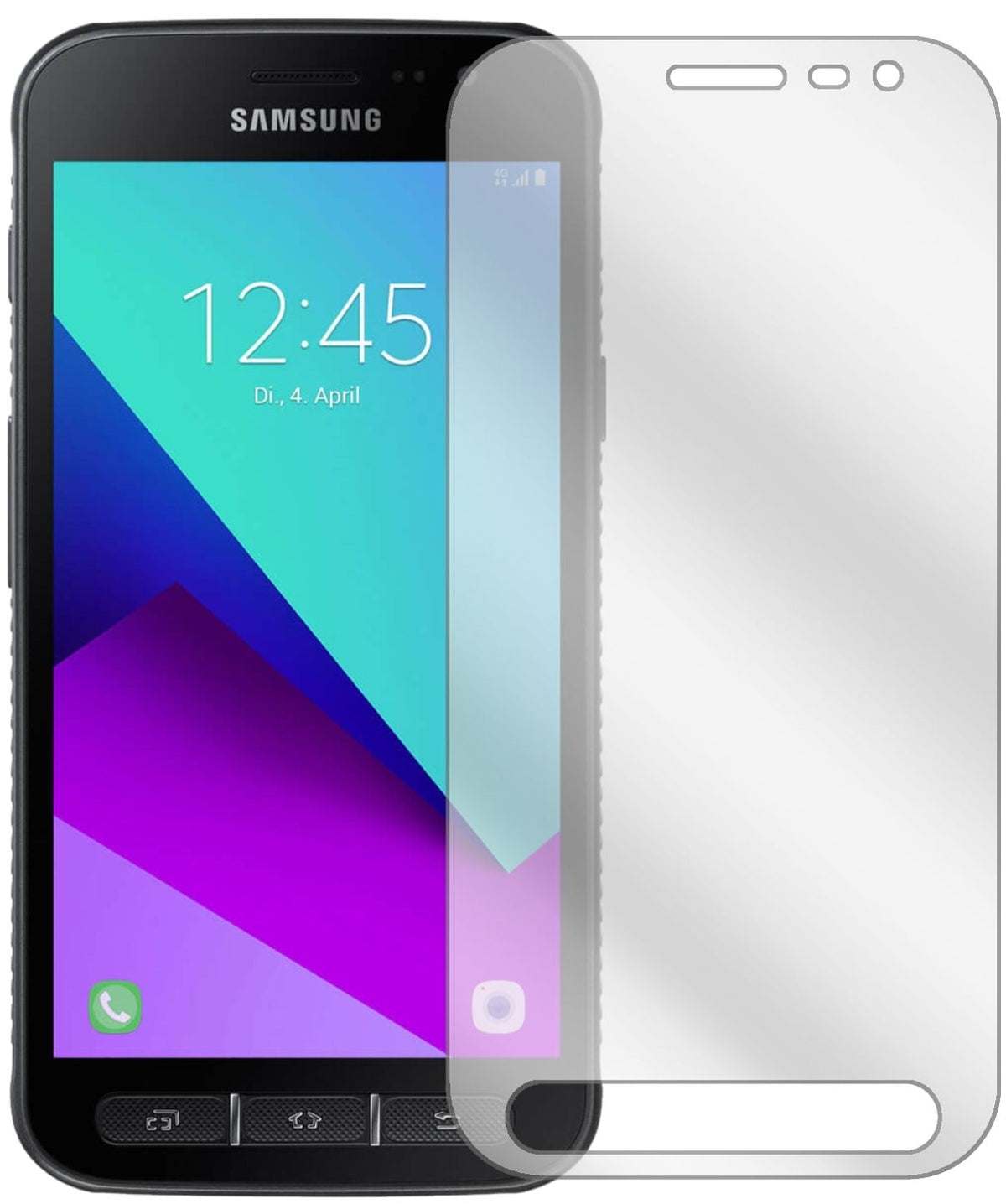 SamsungGalaxy Xcover 4 mit aufgebrachter dipos Displayschutzfolie, glasklare Darstellung ohne Einschränkungen