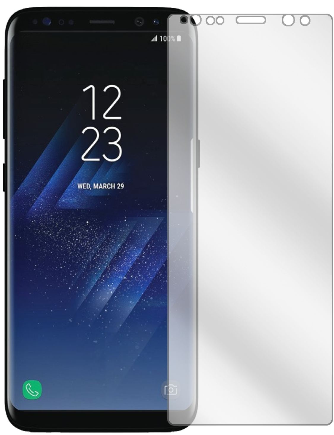 SamsungGalaxy S8 Plus mit aufgebrachter dipos Displayschutzfolie, glasklare Darstellung ohne Einschränkungen